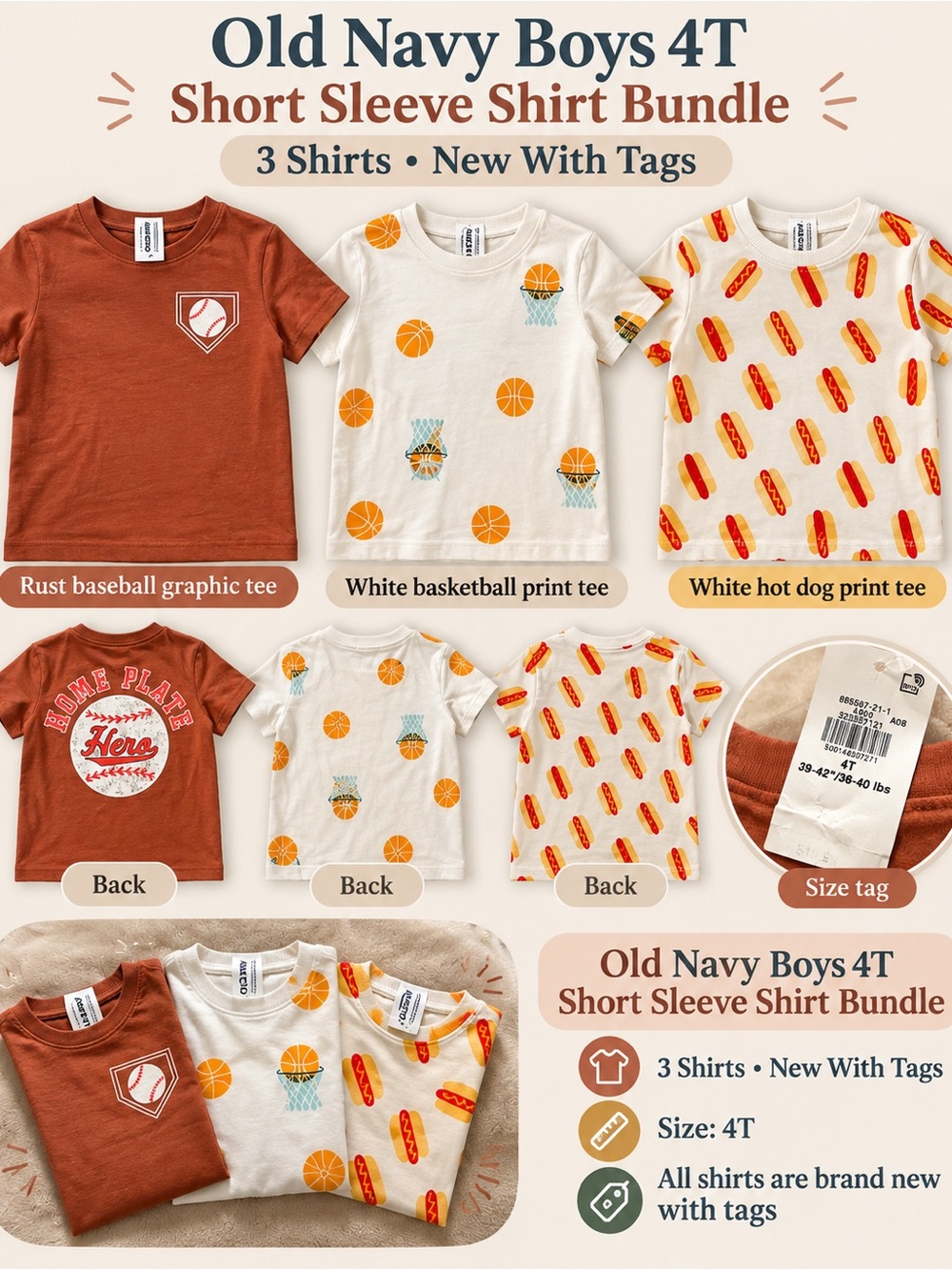 Old Navy Boys Short Sleeve Tee Bundle - Rust & White New